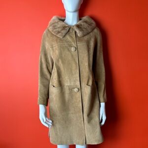 Women’s suede leather coat jacket trench leather beige with real fur collar